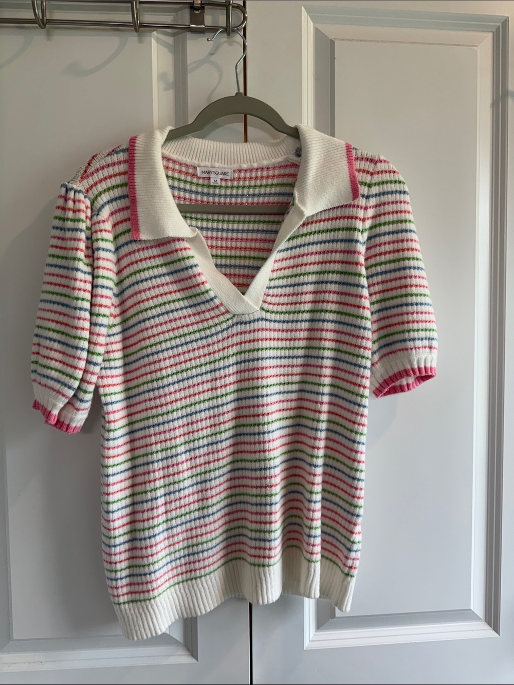Mary Square White V-Neck Short Sleeve Sweater with Pink, Green & Blue Stripes